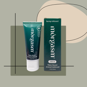 Morgasm CBD Lube on a green background with dark green and tan geometric shapes with thin black outlines