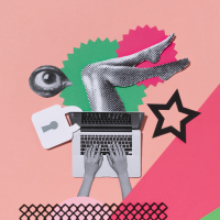 Collage graphic of hands typing on a computer with bare legs sticking out and a lock around screen against a pink and green background of shapes