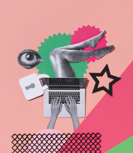 Collage graphic of hands typing on a computer with bare legs sticking out and a lock around screen against a pink and green background of shapes