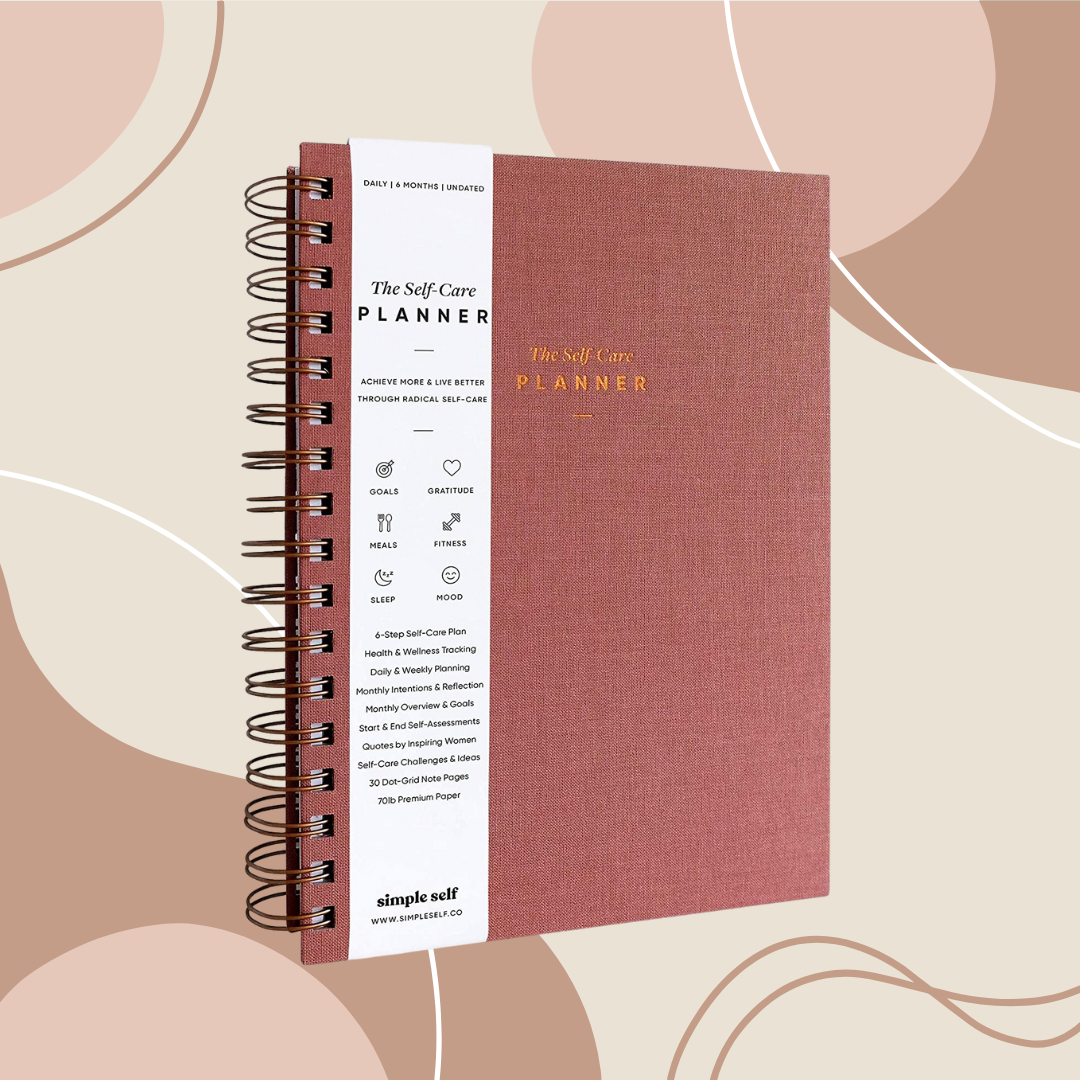 Self-Care Planner by Simple Self on pink/brown abstract shape background