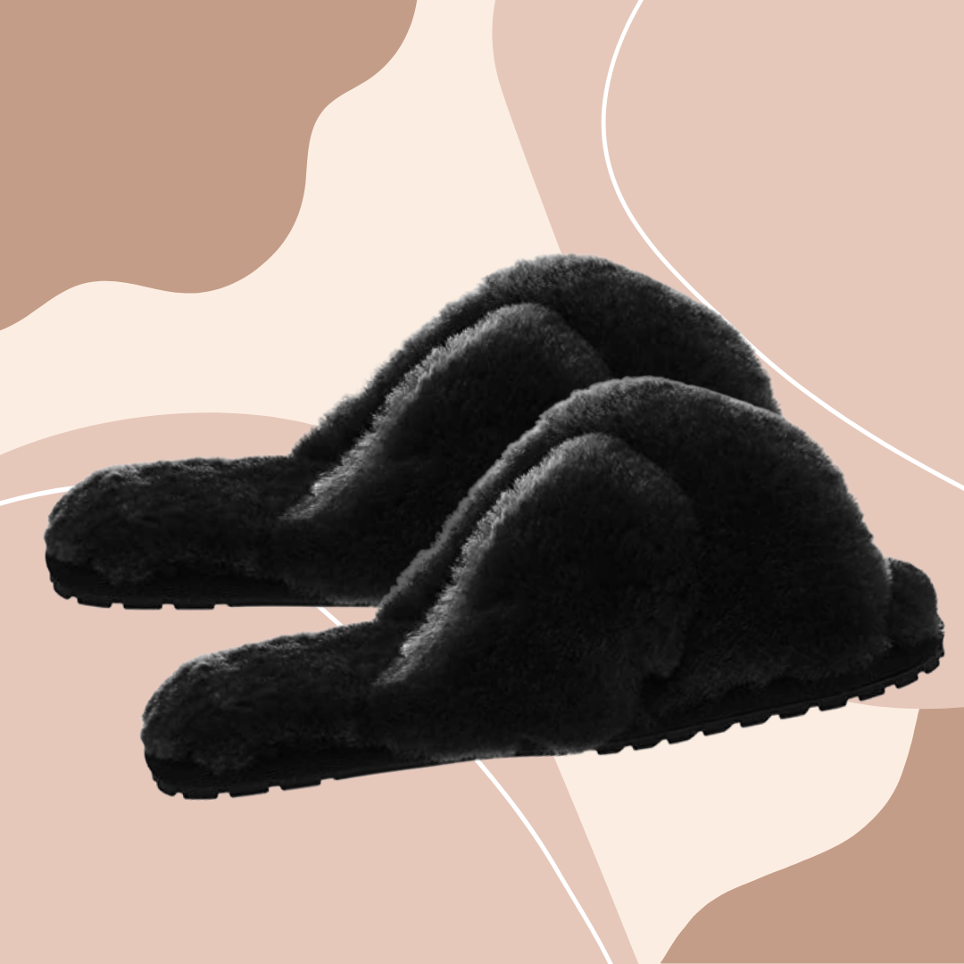 Black Mayberry Slippers by EMU Australia on pink/brown abstract shape background