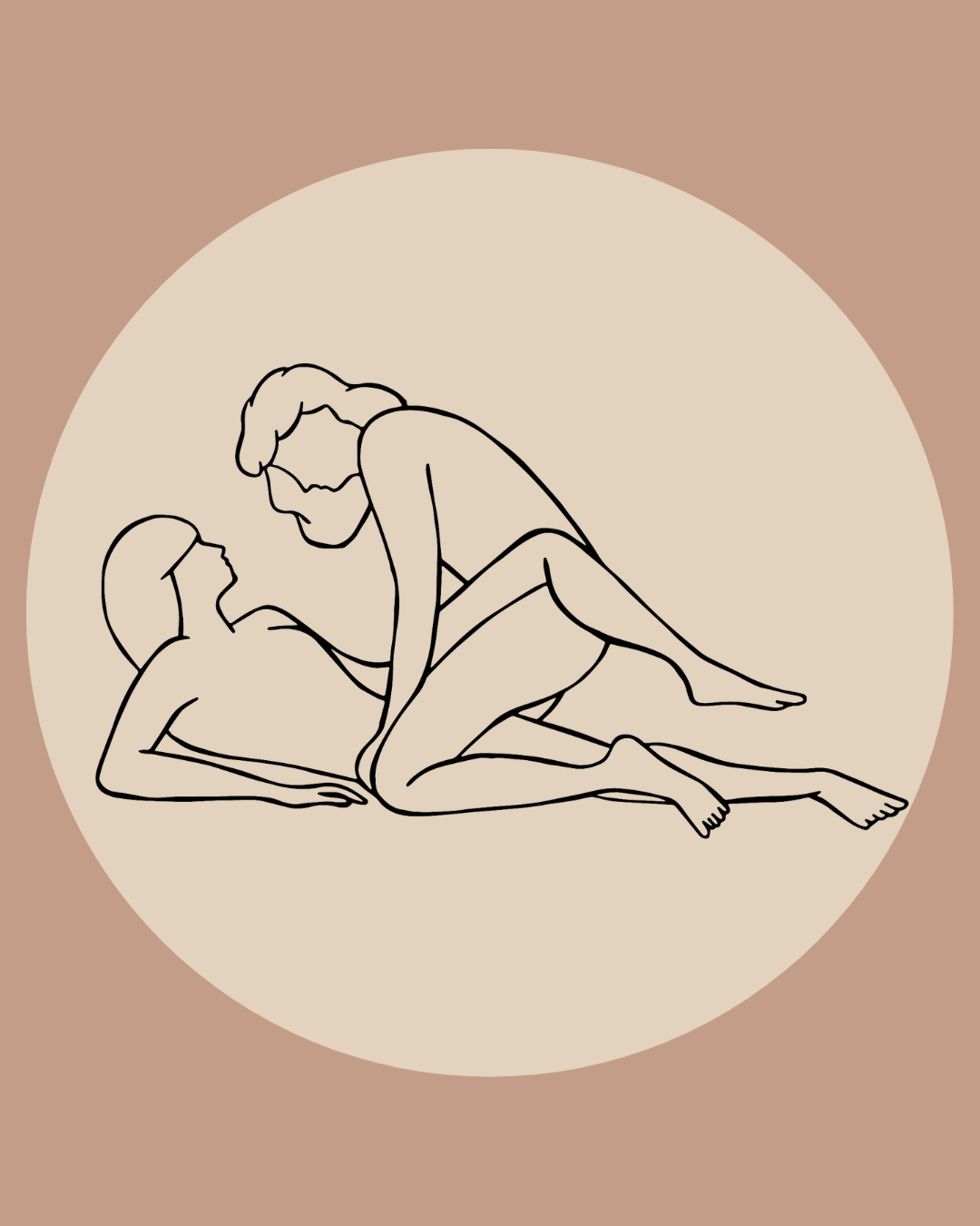 illustration of pretzel sex position on a light brown background in a beige circle