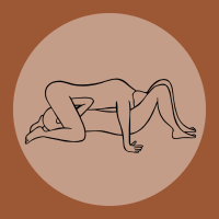 Illustration of 69 sex position in a brown circle on a dark brown background