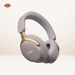Bose QuietComfort Headphones on pale background with SWE lips logo in upper right corner