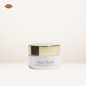 Equilibria CBD Relief Balm on pale background with SWE lips logo in upper left corner