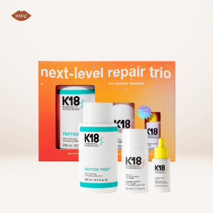 K18 Next Level Repair Trio Kit on pale background with SWE lips logo in upper right corner