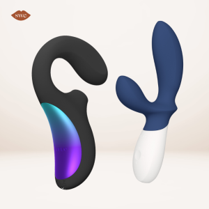 LELO Enigma Wave and Loki Wave 2 on pale background w/ SWE lips logo in upper left