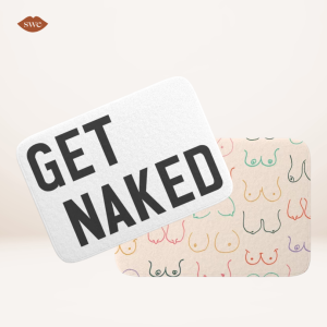 Society 6 Bathmats on pale background with SWE lips logo in upper right corner
