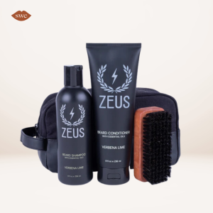 Zeus Beard Kit on pale background with SWE lips logo in upper right corner
