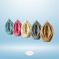 vulva candles from Amazon prime on gradient light blue background with SWE lips logo in bottom center
