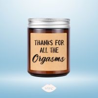 Thanks for the Orgasms Candle from Amazon prime on gradient light blue background with SWE lips logo in bottom center