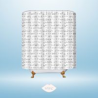 Boobs Shower Curtain from Amazon prime on gradient light blue background with SWE lips logo in bottom center