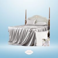 Silk Bed Sheets from Amazon prime on gradient light blue background with SWE lips logo in bottom center