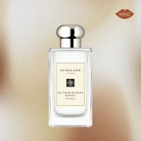 Jo Malone Nectarine Blossom on gold background with SWE logo in upper right corner