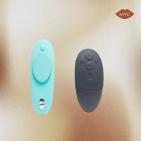 WeVibe Moxie on gold background with SWE logo in upper right corner