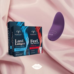 promescent pleasure pack and LELO lily 3 on pink silk sheet background with white SWE lips logo