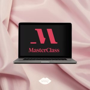 masterclass on laptop on red silk sheet bon pink silk sheet background with white SWE lips logo