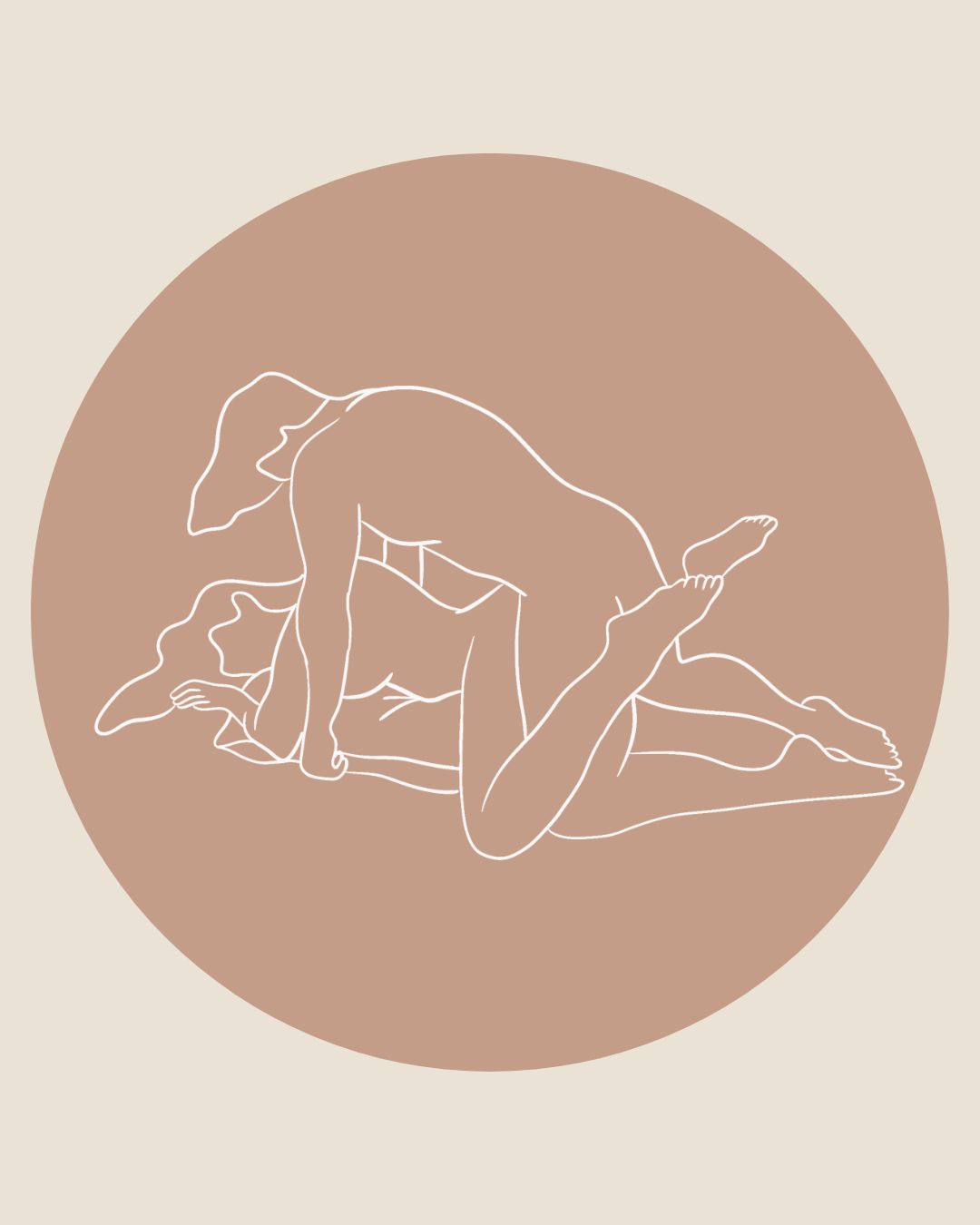 Illustration of speed bump sex position in a brown circle on tan background