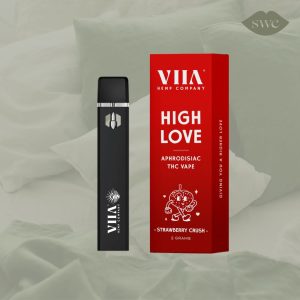 VIIA Hemp Co. High Love THC vape on green bed background