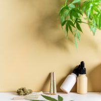 CBD Oil Stock Photo. CBD oil, weed, cannabis leaf, and pre-rolled joints. A legal drug used to relax and relieve stress.