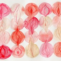 Horizontal stock illustration with variety of hand painted vaginas on white background
