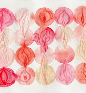 Horizontal stock illustration with variety of hand painted vaginas on white background