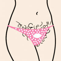 Minimalist line art illustration of a torso wearing pink polka dot underwear with visible curly pubic hair.