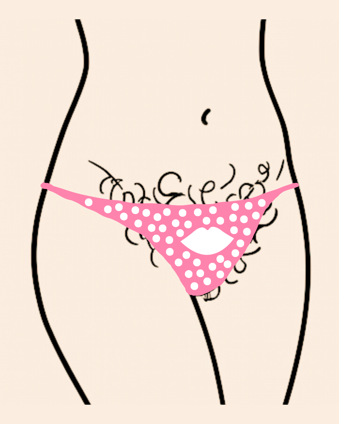 Minimalist line art illustration of a torso wearing pink polka dot underwear with visible curly pubic hair.