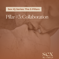 Classic marble sculpture kiss graphic featuring text for Sex IQ Series: Collaboration by Sex With Emily