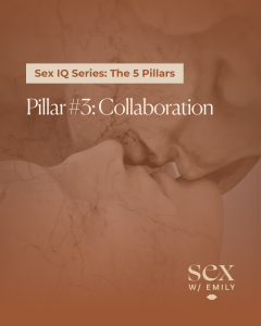 Classic marble sculpture kiss graphic featuring text for Sex IQ Series: Collaboration by Sex With Emily